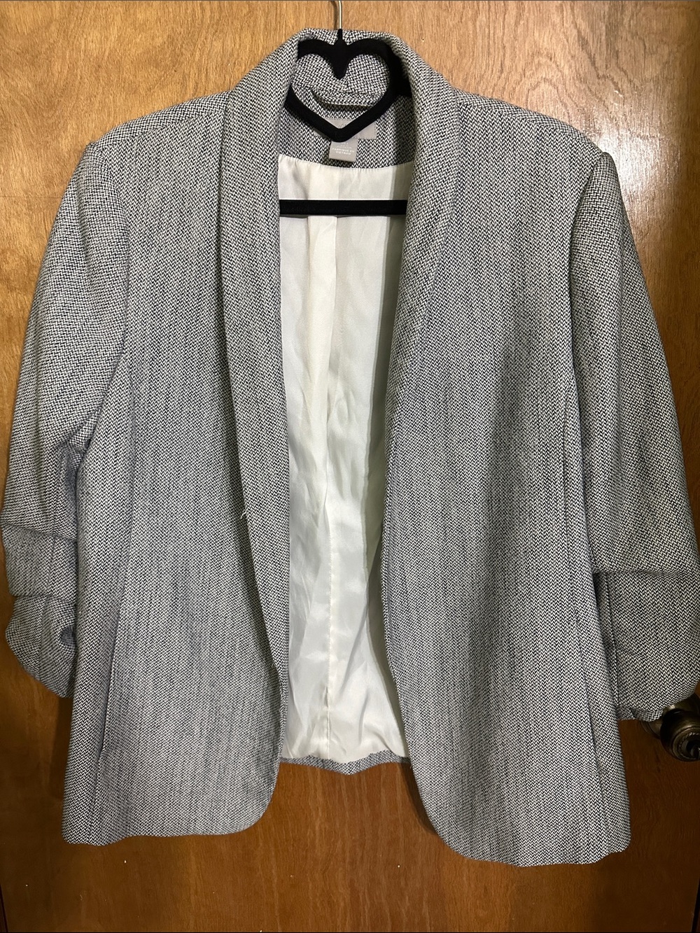 H&M Gray Textured Ruched Sleeve Blazer Size L Modern Open Front Jacket